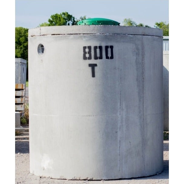 Texas Precast 800 gallon round concrete trash tank stencilled 800 T