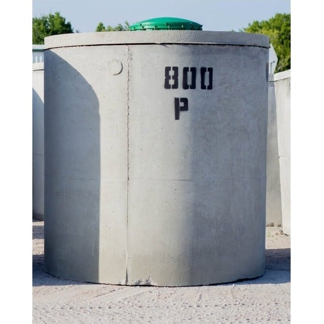 Texas Precast 800 gallon round concrete pump tank stencilled 800 P