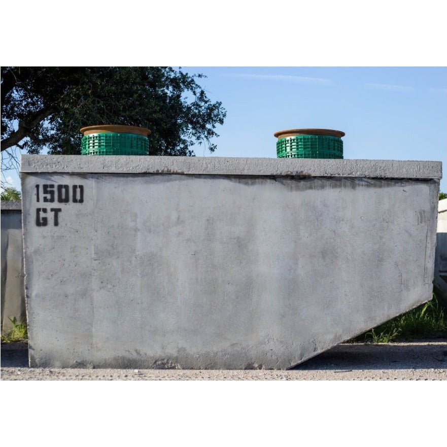 Texas Precast 1500 gallon concrete grease interceptor front view stencilled 1500 GT